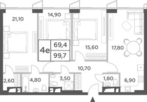 Планировка 4+ комнатной(квартира) площадью 99.7 квадратных метров в “ЖК Will Towers (Вилл Тауэрс)”