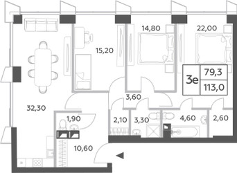 Планировка 4+ комнатной(квартира) площадью 113 квадратных метров в ЖК “ЖК Will Towers (Вилл Тауэрс)”