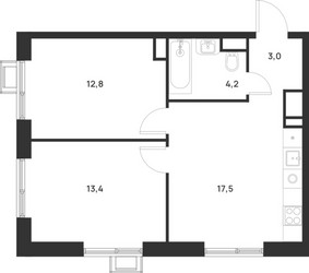 Планировка двухкомнатной(квартира) площадью 50.9 квадратных метров в ЖК “ЖК Форевиль”