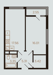 Планировка однокомнатной(квартира) площадью 48 квадратных метров в ЖК “ЖК Миниполис Рафинад”
