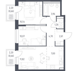 Планировка двухкомнатной(квартира) площадью 53.28 квадратных метров в ЖК “ЖК Подольские кварталы”