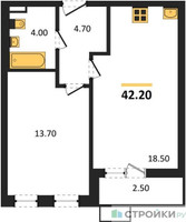 Планировка однокомнатной(квартира) площадью 42.2 квадратных метров в “ЖК Прокшино”