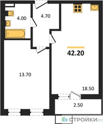Планировка однокомнатной(квартира) площадью 42.2 квадратных метров в ЖК “ЖК Прокшино”