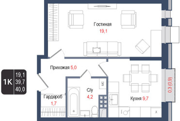 Планировка однокомнатной(квартира) площадью 39.7 квадратных метров в ЖК “ЖК КИНОКВАРТАЛ”