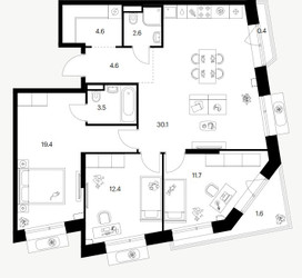 Планировка трехкомнатной(квартира) площадью 90.9 квадратных метров в ЖК “ЖК Саларьево парк”