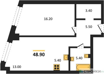 Планировка однокомнатной(квартира) площадью 48.9 квадратных метров в ЖК “ЖК Родина Парк”