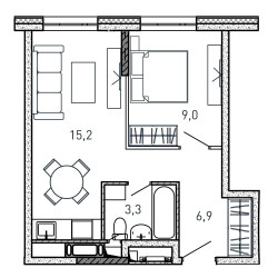 Планировка однокомнатной(квартира) площадью 34.4 квадратных метров в ЖК “ЖК Квартал Светлый”
