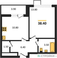 Планировка однокомнатной(квартира) площадью 38.4 квадратных метров в “ЖК 1-й Южный (Первый Южный)”
