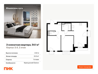 Планировка двухкомнатной(квартира) площадью 54.1 квадратных метров в ЖК “ЖК Ильинские луга”