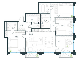 Планировка 4+ комнатной(квартира) площадью 113.7 квадратных метров в ЖК “ЖК Level Бауманская”