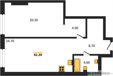 Планировка однокомнатной(квартира) площадью 62.2 квадратных метров в ЖК “ЖК Крылатская 33”