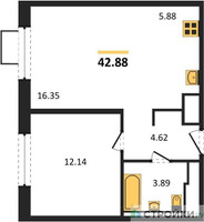 Планировка однокомнатной(квартира) площадью 42.88 квадратных метров в “ЖК Пятницкие луга”