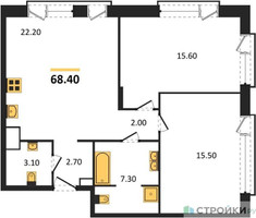 Планировка двухкомнатной(квартира) площадью 68.4 квадратных метров в “ЖК The LAKE (Лэйк)”