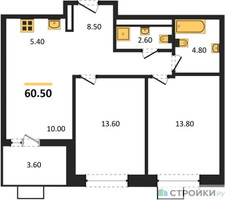 Планировка двухкомнатной(квартира) площадью 60.5 квадратных метров в “ЖК Бунинские кварталы”