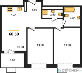Планировка двухкомнатной(квартира) площадью 60.5 квадратных метров в ЖК “ЖК Бунинские кварталы”