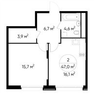 Планировка однокомнатной(квартира) площадью 47 квадратных метров в “ЖК Переделкино Ближнее”
