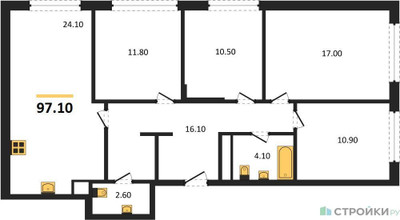 Планировка 4+ комнатной(квартира) площадью 97.2 квадратных метров в ЖК “ЖК Сиреневый парк”