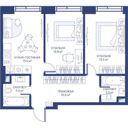 Планировка двухкомнатной(квартира) площадью 57.7 квадратных метров в ЖК “ЖК Свет”