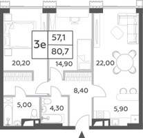 Планировка трехкомнатной(квартира) площадью 80.7 квадратных метров в “ЖК Will Towers (Вилл Тауэрс)”