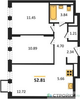 Планировка двухкомнатной(квартира) площадью 52.6 квадратных метров в “ЖК Горки Парк”
