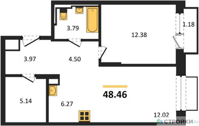 Планировка однокомнатной(квартира) площадью 48.46 квадратных метров в ЖК “ЖК Долина Яузы”