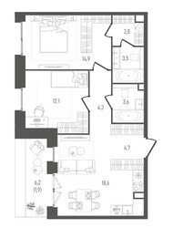 Планировка двухкомнатной(квартира) площадью 66.4 квадратных метров в ЖК “ЖК Pave (Пэйв)”