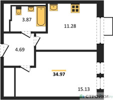 Планировка однокомнатной(квартира) площадью 34.97 квадратных метров в “ЖК Молжаниново”
