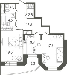 Планировка двухкомнатной(квартира) площадью 72.1 квадратных метров в ЖК “ЖК Советская 18”