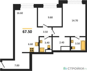 Планировка двухкомнатной(квартира) площадью 67.5 квадратных метров в “ЖК Upside Towers (Апсайд Тауэрс)”