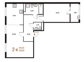 Планировка двухкомнатной(квартира) площадью 69.2 квадратных метров в ЖК “ЖК Новое Летово”