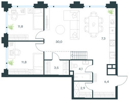 Планировка трехкомнатной(квартира) площадью 108.9 квадратных метров в “ЖК Левел Бауманская”