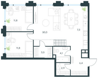 Планировка трехкомнатной(квартира) площадью 108.9 квадратных метров в ЖК “ЖК Левел Бауманская”