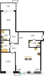 Планировка двухкомнатной(квартира) площадью 88 квадратных метров в ЖК “ЖК Дзен-кварталы”