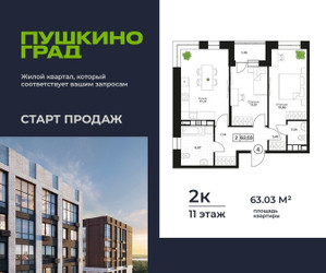 Планировка двухкомнатной(квартира) площадью 63.03 квадратных метров в ЖК “ЖК Пушкино Град”
