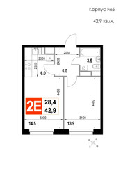 Планировка двухкомнатной(квартира) площадью 42.9 квадратных метров в ЖК “ЖК Мытищи Сити”