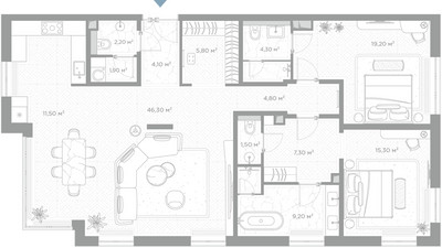 Планировка двухкомнатной(квартира) площадью 133.4 квадратных метров в ЖК “ЖК Николь”