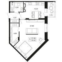 Планировка однокомнатной(квартира) площадью 55.42 квадратных метров в “ЖК Времена года”