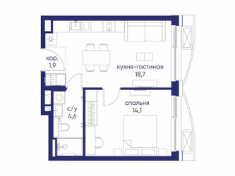 Планировка однокомнатной(квартира) площадью 39.32 квадратных метров в ЖК “ЖК Остров”