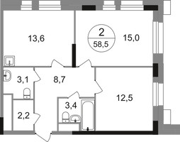 Планировка двухкомнатной(квартира) площадью 58.5 квадратных метров в “ЖК Первый Московский”
