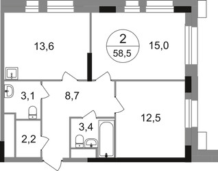 Планировка двухкомнатной(квартира) площадью 58.5 квадратных метров в ЖК “ЖК Первый Московский”