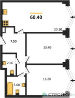 Планировка двухкомнатной(квартира) площадью 60.4 квадратных метров в “ЖК ЗИЛАРТ”