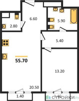 Планировка однокомнатной(квартира) площадью 55.7 квадратных метров в “Квартал Тишинский Бульвар”