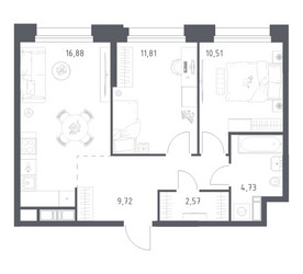 Планировка двухкомнатной(апартаменты) площадью 56.22 квадратных метров в ЖК “ЖК Апарт-отель Тропарево парк”
