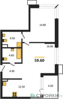 Планировка однокомнатной(квартира) площадью 59.6 квадратных метров в “ЖК Дзен-кварталы”