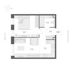 Планировка однокомнатной(апартаменты) площадью 39.6 квадратных метров в ЖК “ЖК ARTEL (Артель)”