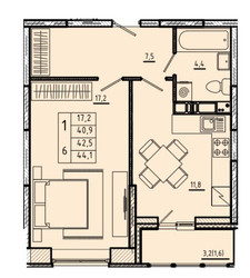 Планировка однокомнатной(квартира) площадью 42.5 квадратных метров в ЖК “ЖК River Park”