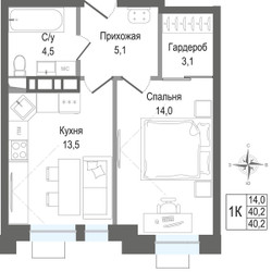 Планировка однокомнатной(квартира) площадью 40.2 квадратных метров в ЖК “ЖК КИНОКВАРТАЛ”