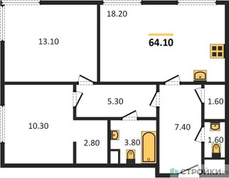 Планировка двухкомнатной(квартира) площадью 65.5 квадратных метров в ЖК “ЖК Voxhall (Воксхолл)”