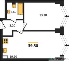 Планировка однокомнатной(квартира) площадью 39.5 квадратных метров в “ЖК ЗИЛАРТ”
