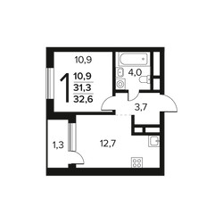 Планировка однокомнатной(квартира) площадью 32.6 квадратных метров в ЖК “Новые Ватутинки. Заречный”